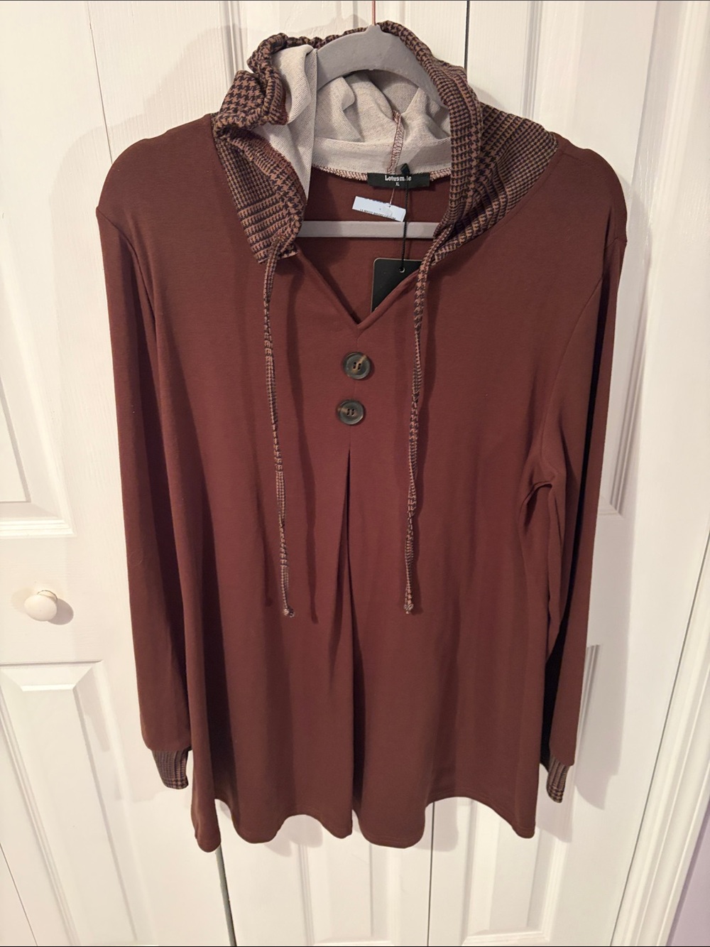 NWT- Cozy Brown Hooded Tunic with Button Detail